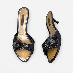 Vintage Louis Vuitton Black and Gold Heels with Floral Accent